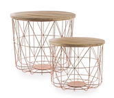 Set 2 mese de cafea, cu spatiu de depozitare, din lemn de mango si metal, Copper Natural / Cupru, Ø45xH39 cm / Ø40xH32 cm