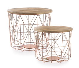 Set 2 mese de cafea, cu spatiu de depozitare, din lemn de mango si metal, Copper Natural / Cupru, Ø45xH39 cm / Ø40xH32 cm