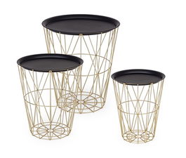 Set 3 mese de cafea din metal, cu spatiu de depozitare, Atom Negru / Auriu, Ø44xH51 cm / Ø39xH46 cm / Ø33xH41 cm