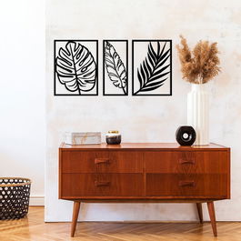 Set 3 decoratiuni metalice de perete, Leaf 2 Negru, l80xA1,5xH38 cm