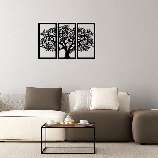 Set 3 decoratiuni de perete, din lemn, Agac 5 Negru, l105xA1xH66 cm