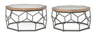 Set 2 mese de cafea din sticla, lemn de brad si metal Smith Hexagonal Transparent / Natural / Negru, Ø90xH45 / Ø77xH40 cm