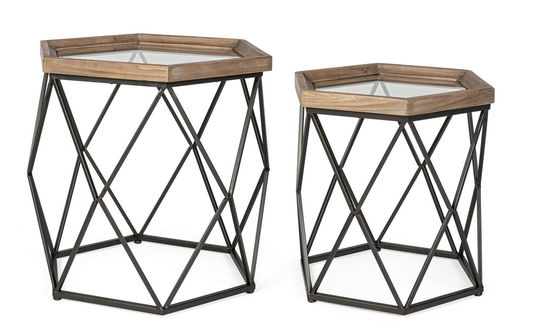 Set 2 mese de cafea din sticla, lemn de brad si metal Smith A Hexagonal Transparent / Natural / Negru, Ø64xH62 / Ø53xH46 cm