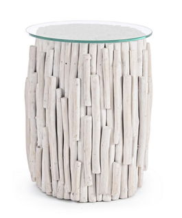 Masa de cafea din sticla si lemn de tec Sahel Round Transparent / Ivoir, Ø50xH50 cm