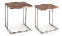 Set 2 mese de cafea din lemn de salcam si metal Osbert Natural / Argintiu, L43xl38xH56 cm / L38xl33xH53 cm