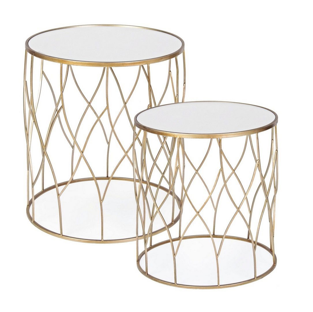 Set 2 mese de cafea din sticla si metal Elenor Medium Round Auriu, Ø48xH51 cm / Ø43xH46 cm