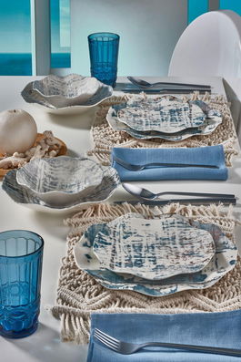 Set vesela din portelan, Dory Dinner Alb / Albastru, 24 piese