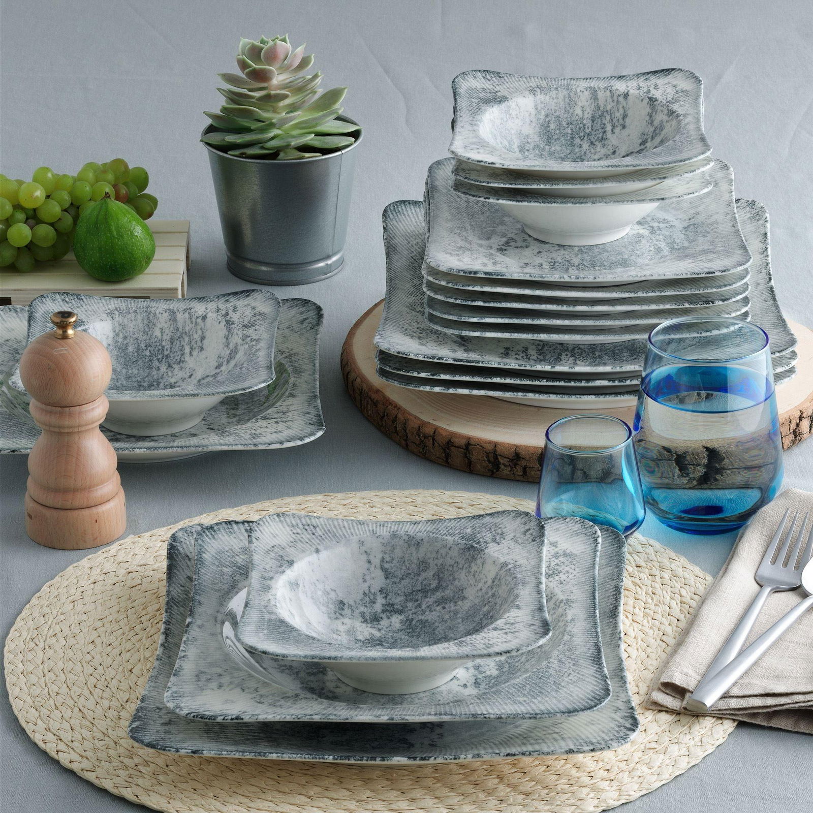 Set vesela din portelan, Kennedy Dinner Alb / Gri, 24 piese