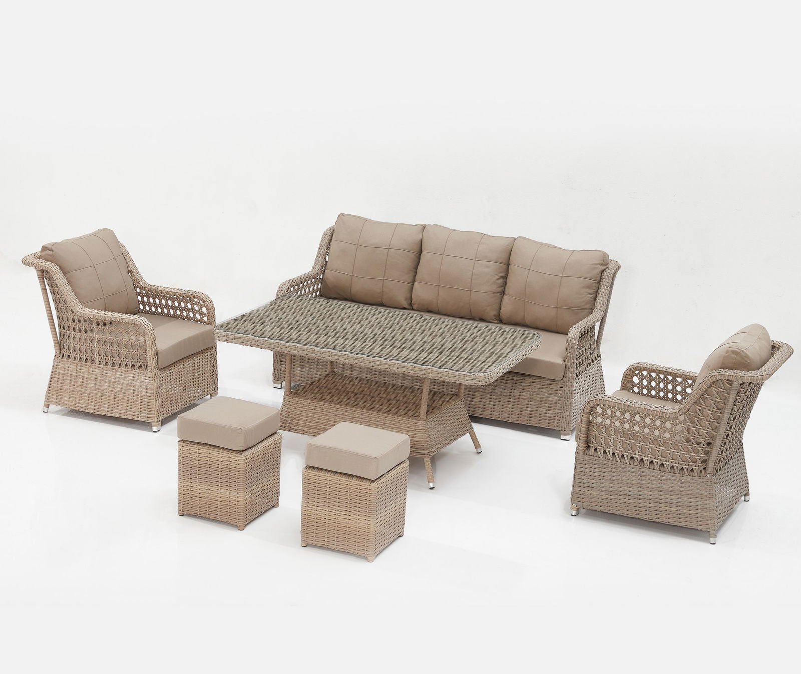 Set mobilier gradina / terasa Cenova 311S Cappuccino, masa de cafea + canapea 3 locuri + 2 fotolii + 2 taburete