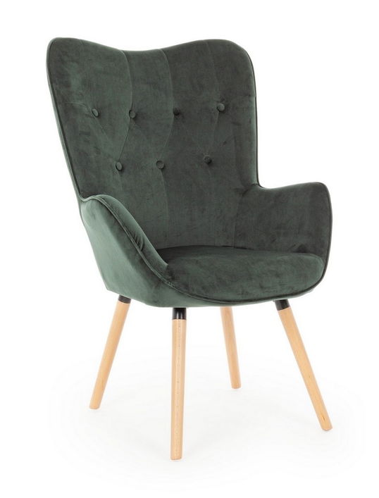 Fotoliu fix tapitat cu stofa si picioare din lemn, Juliet Velvet Verde Inchis / Natural, l68xA76xH105 cm