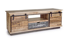 Comoda TV din lemn de mango si metal, cu 1 sertar si 2 usi, Tudor Natural / Gri, l130xA40xH50 cm