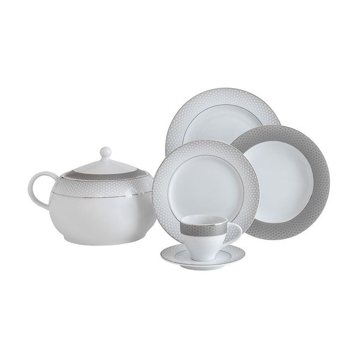 Set vesela din portelan, Zandra Dinner Alb / Argintiu, 84 piese