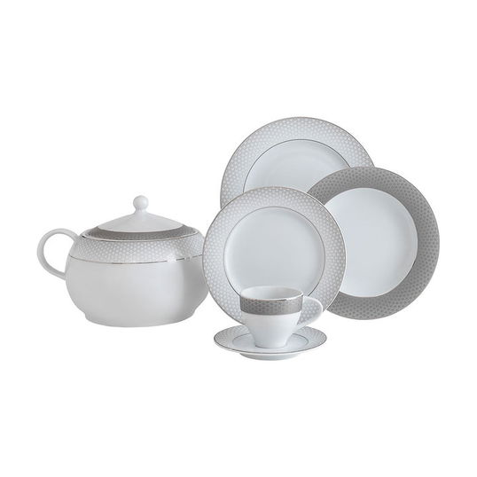 Set vesela din portelan, Zandra Dinner Alb / Argintiu, 84 piese
