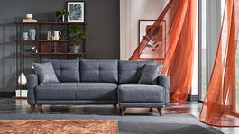 Coltar extensibil cu lada de depozitare, universal (pe stanga sau pe dreapta), tapitat cu stofa, Mila Grafit, l225xA140xH90 cm