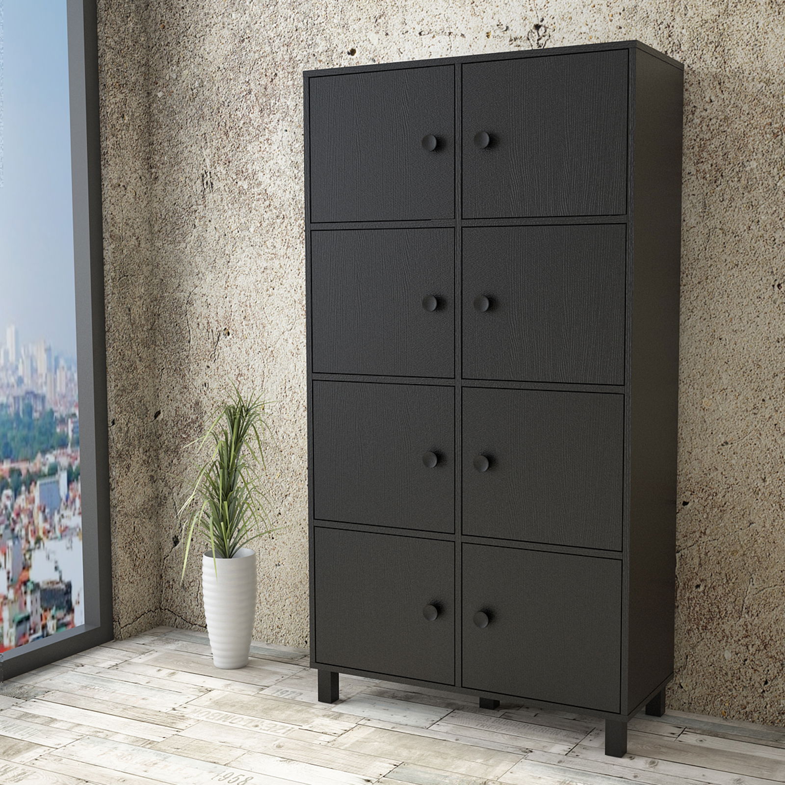 Cabinet din pal si lemn, cu 8 usi Vilamo VL59-338 Tall Negru, l96xA40xH179,4 cm