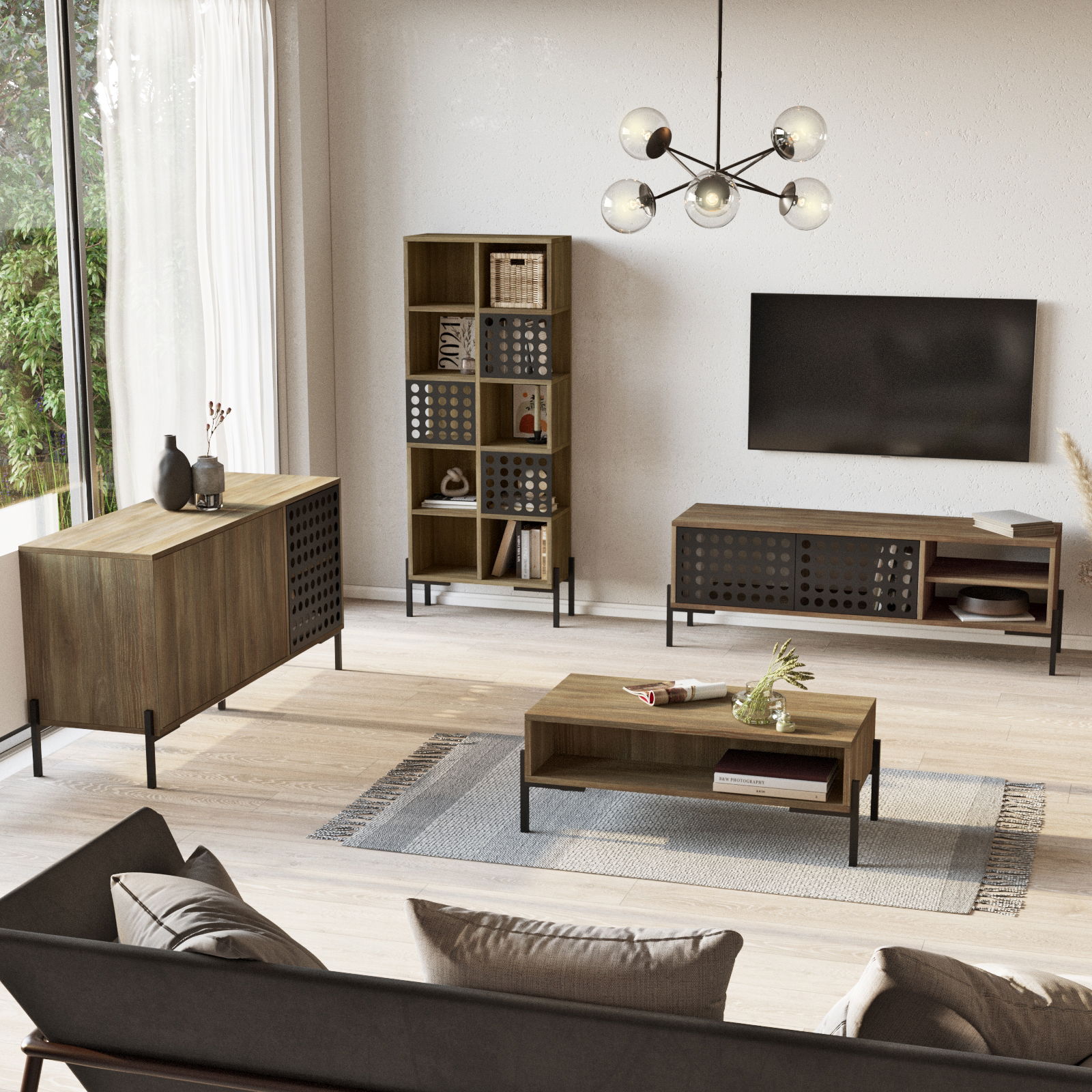 Set de mobila living din pal si metal, 4 piese, Neo NE6-CU Maro / Negru