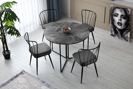 Set masa rotunda din pal si metal, Yopro 1202 Antracit / Negru + 4 Scaune tapitate cu stofa si picioare metalice, Yildiz 189 Velvet Gri inchis / Negru, Ø100xH72 cm