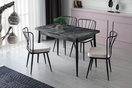 Set masa extensibila din pal si metal, Ayo 1182 Antracit / Negru + 4 Scaune tapitate cu stofa si picioare metalice, Yildiz 186 Velvet Gri Deschis / Negru, L120-150xl70xH75 cm