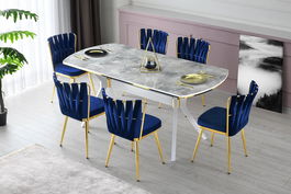 Set masa din MDF si plastic Ikon 1002 Alb / Auriu + 6 Scaune tapitate cu stofa si picioare metalice, Kusa 142 Velvet Bleumarin / Auriu, L180xl90xH77 cm