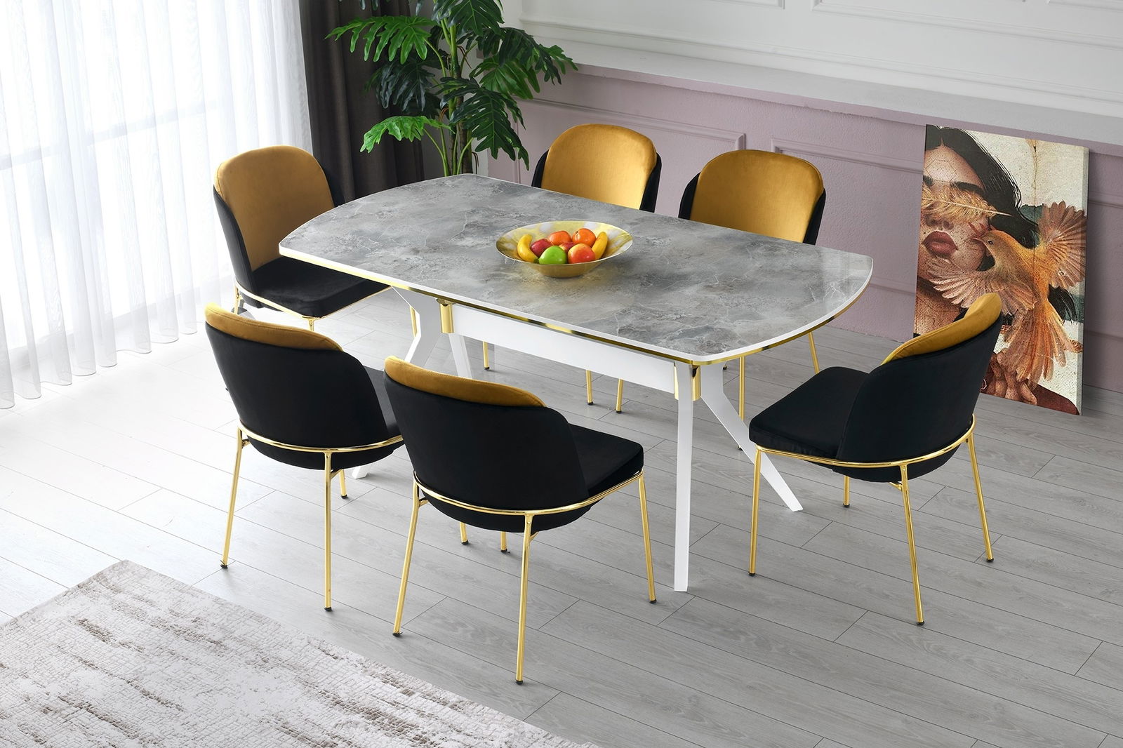 Set masa din MDF si plastic Ikon 1002 Alb / Auriu + 6 Scaune tapitate cu stofa si picioare metalice, Dore 102 Velvet Negru / Mustariu / Auriu, L180xl90xH77 cm