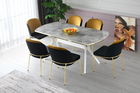 Set masa din MDF si plastic Ikon 1002 Alb / Auriu + 6 Scaune tapitate cu stofa si picioare metalice, Dore 102 Velvet Negru / Mustariu / Auriu, L180xl90xH77 cm