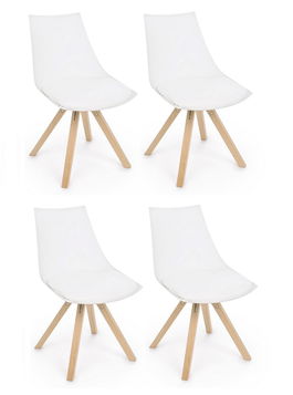 Set 4 scaune din plastic, sezut tapitat cu piele ecologica si picioare din lemn, Mayer Alb / Natural, l53xA47,5xH78,5 cm