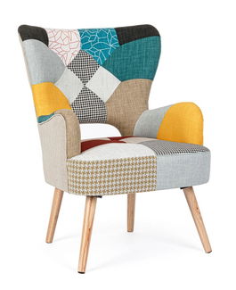 Fotoliu fix tapitat cu stofa si picioare din lemn, Galatea Queen Multicolor / Natural, l65xA68xH92 cm