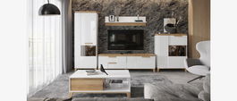 Set de mobila living din pal, cu LED inclus, 5 piese Brio Alb / Nuc Pacific