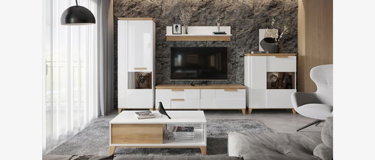 Set de mobila living din pal, cu LED inclus, 5 piese Brio Alb / Nuc Pacific