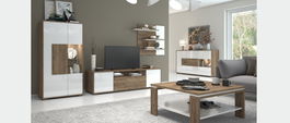 Set de mobila living din pal si MDF, cu LED inclus, 5 piese Stela II Alb / Stejar Tobacco