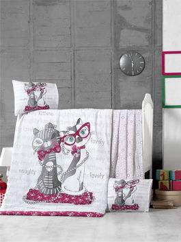 Set lenjerie pentru copii, din bumbac Ranforce, 4 piese, Kittens Multicolor, 100 x 150 cm