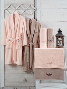 Set halate de baie si prosoape, din bumbac, Fabiola Family Somon / Bej, 6 piese