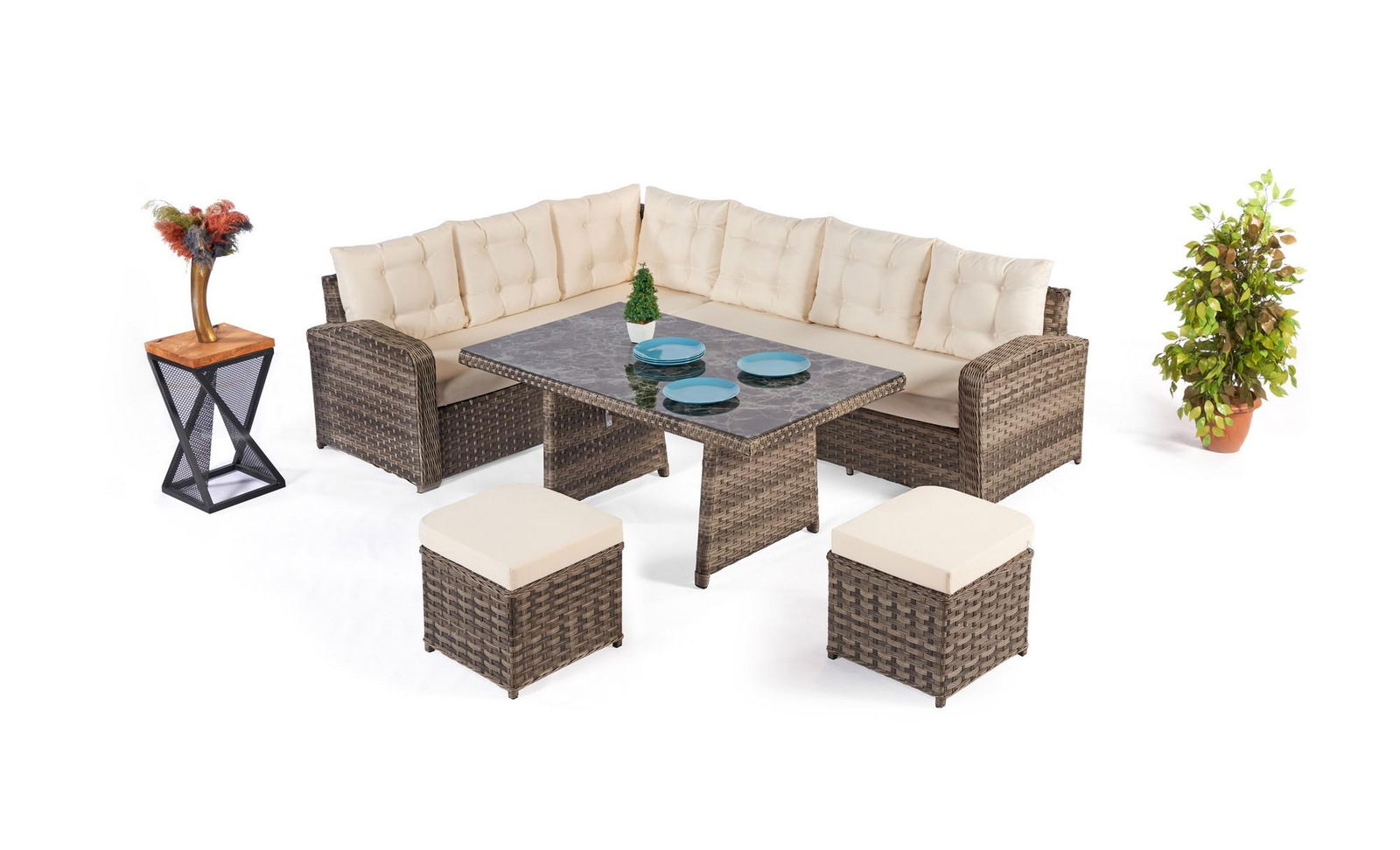 Set mobilier gradina / terasa Lagata Crem / Maro, coltar + 2 taburete + masa