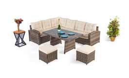 Set mobilier gradina / terasa Lagata Crem / Maro, coltar + 2 taburete + masa