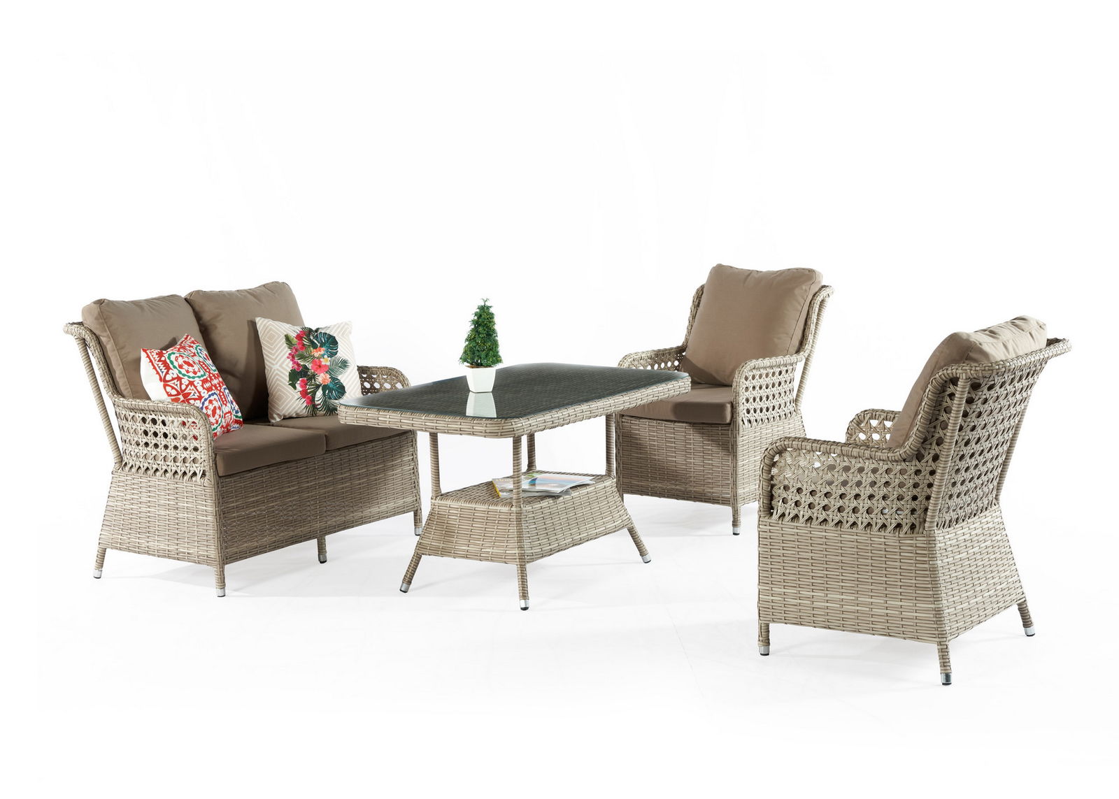 Set mobilier gradina / terasa Cenova Cappuccino, 2 fotolii + canapea 2 locuri + masa de cafea