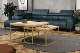 Set 2 mese de cafea din lemn de stejar, cu picioare metalice, Ginos Natural / Auriu, L76xl76xH47 cm / L66xl66xH40 cm