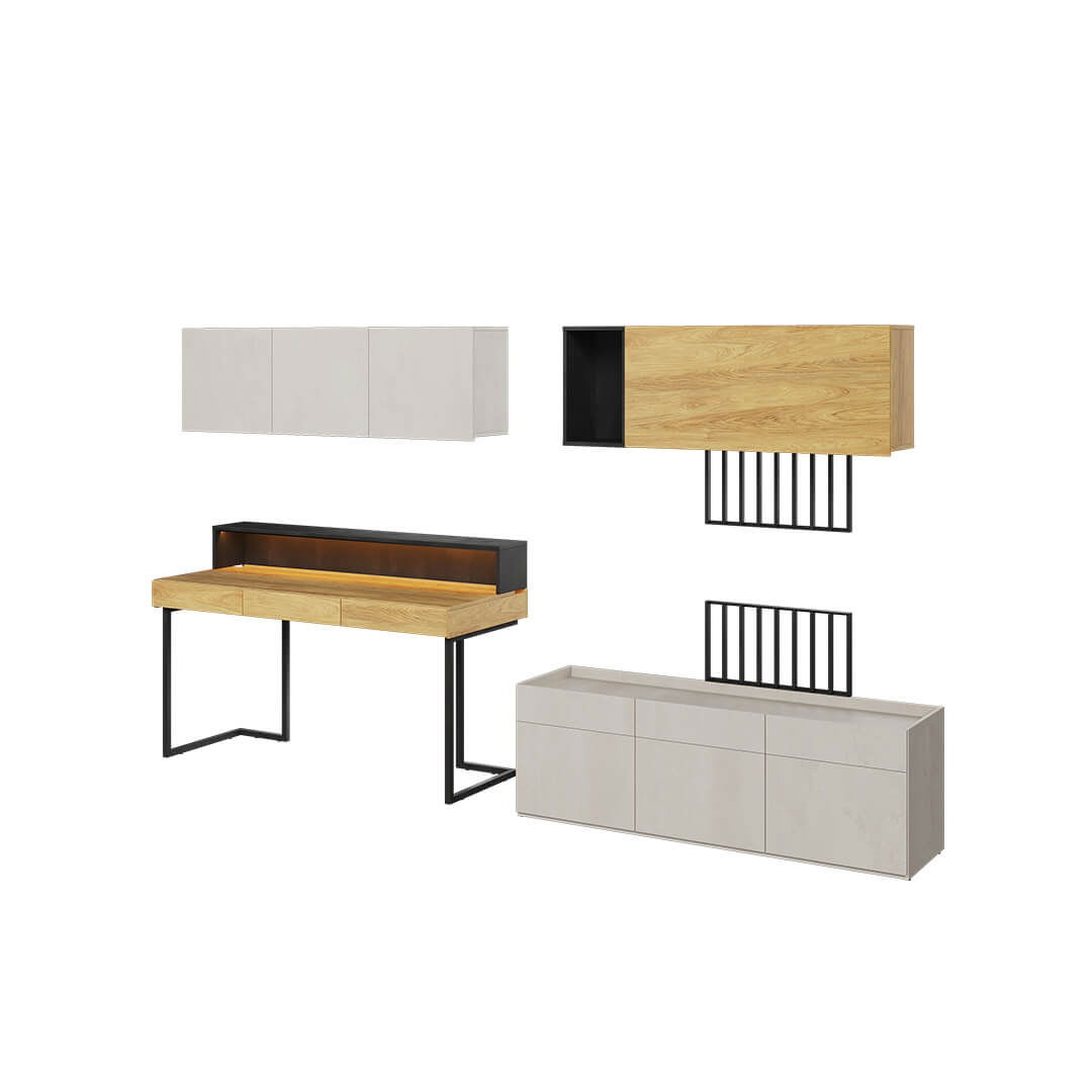 Set Mobilier Birou din pal, pentru copii si tineret, 7 piese, Teen Flex Set 09A Simple Natural / Gri / Negru