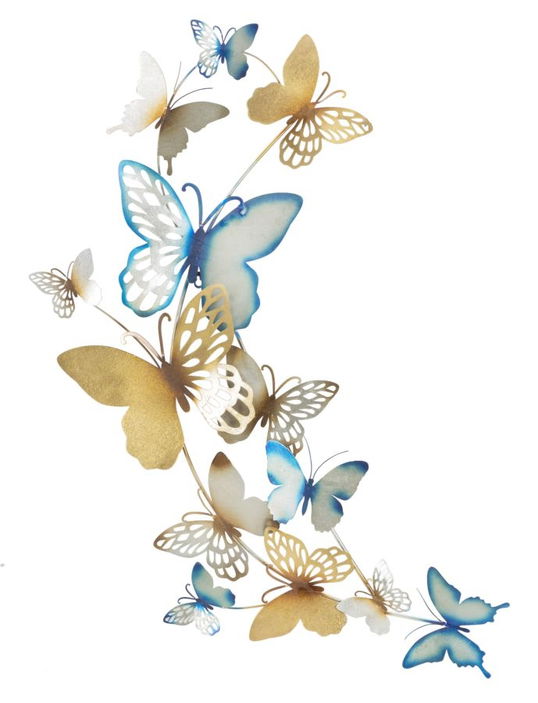 Decoratiune metalica de perete Butterflies Small Auriu / Bleu, l59,5xA4xH111,5 cm