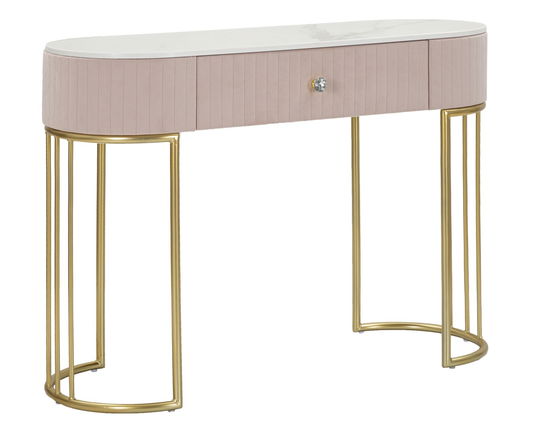 Consola din lemn si metal tapitata cu stofa, 1 sertar, Montpellier Roz Deschis / Auriu, l100xA43xH74 cm