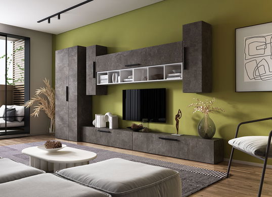 Living Pati 143 - Mobila Sufragerie Gri Beton + Alb