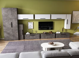 Living Pati 141 - Mobila Sufragerie Gri Beton + Alb