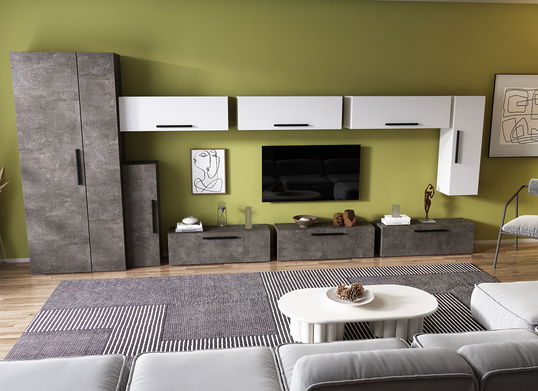 Living Pati 141 - Mobila Sufragerie Gri Beton + Alb