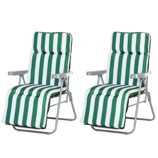 Outsunny Sezlong Gradina Pliabil ,Set 2 Scaune pentru Plajă cu Brațe Reclinabile, alb și verde|Aosom.ro