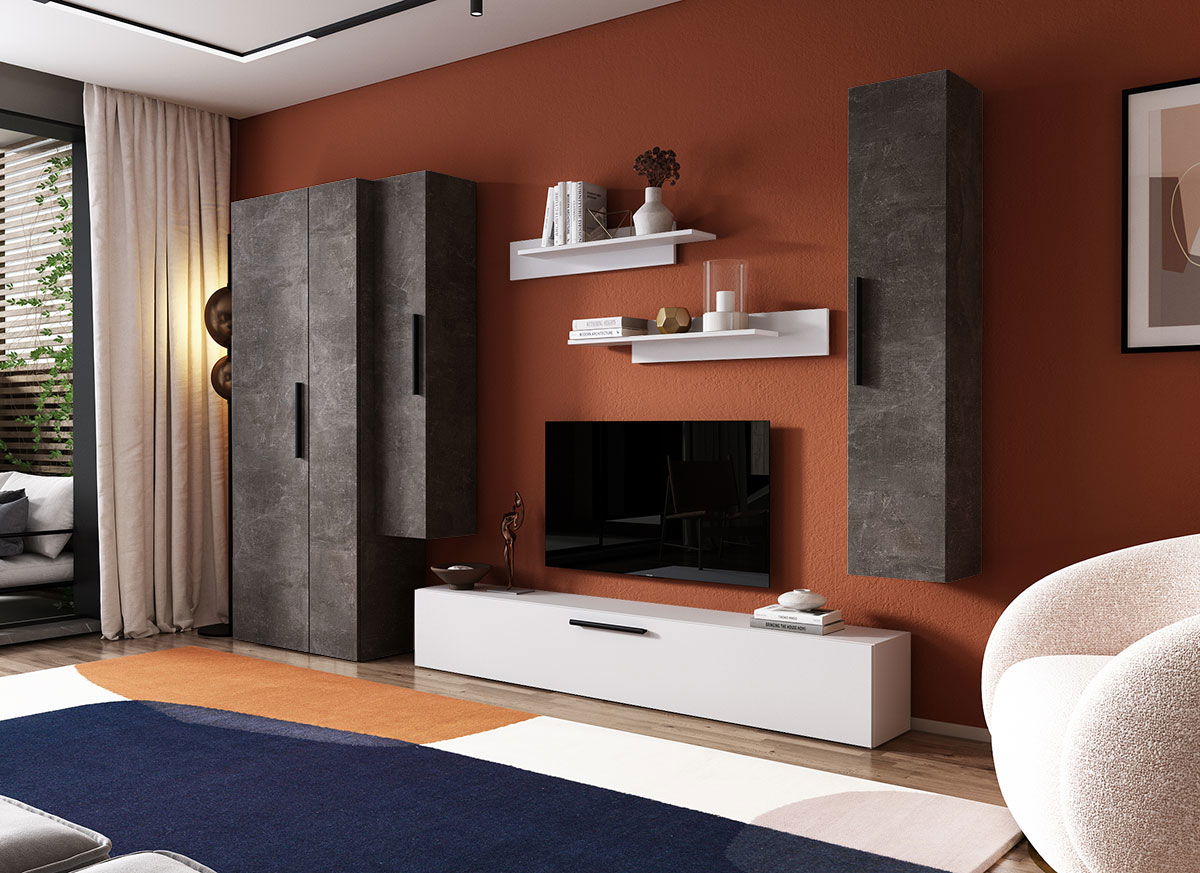 Living Pati 131 - Mobila Sufragerie Gri Beton + Alb
