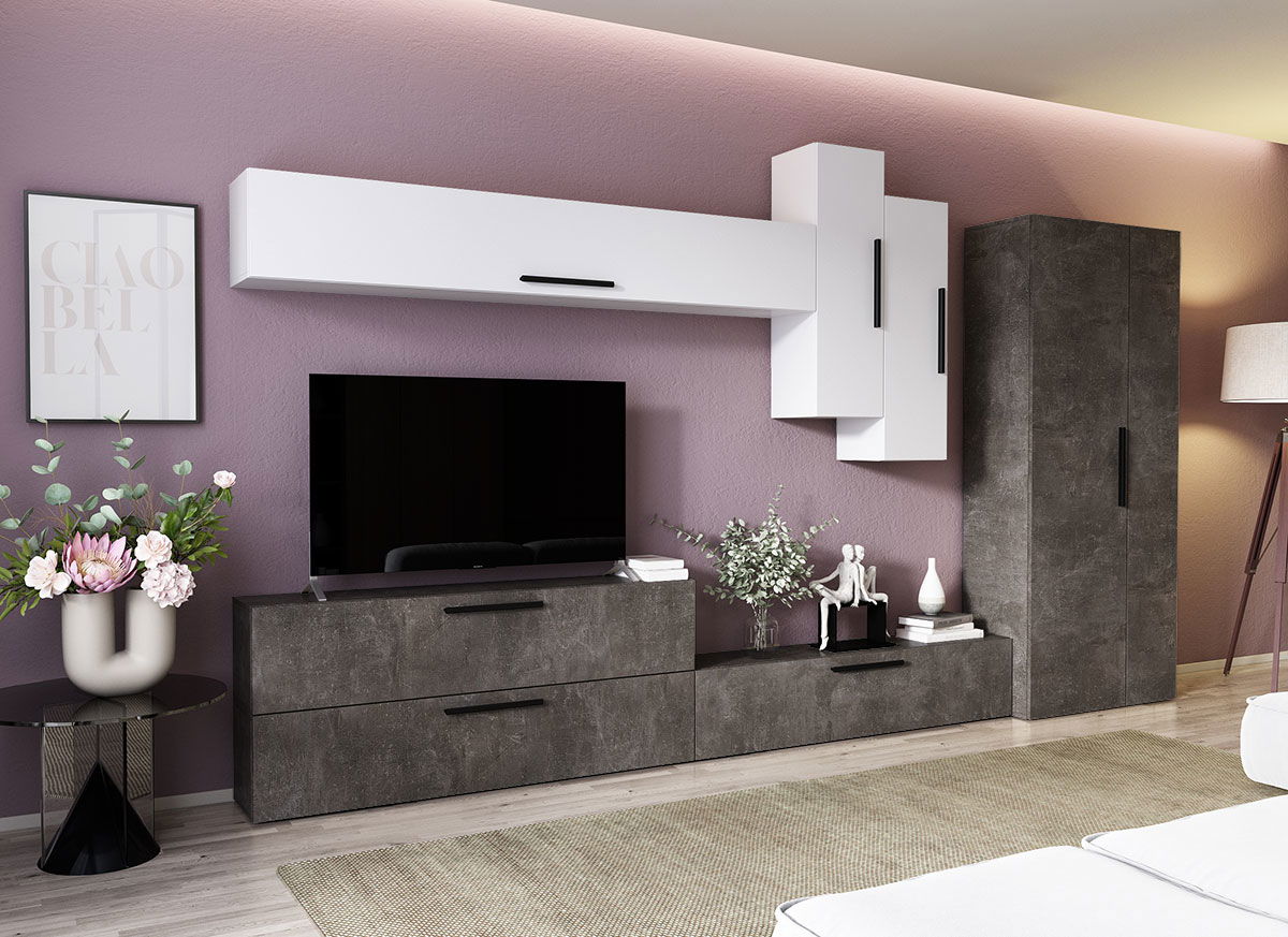 Living Pati 119 - Mobila Sufragerie Gri Beton + Alb