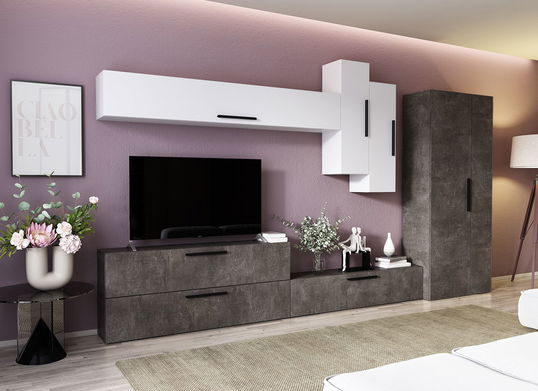 Living Pati 119 - Mobila Sufragerie Gri Beton + Alb