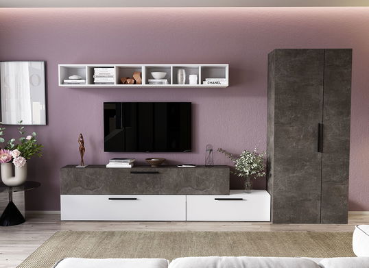 Living Pati 109 - Mobila Sufragerie Gri Beton + Alb