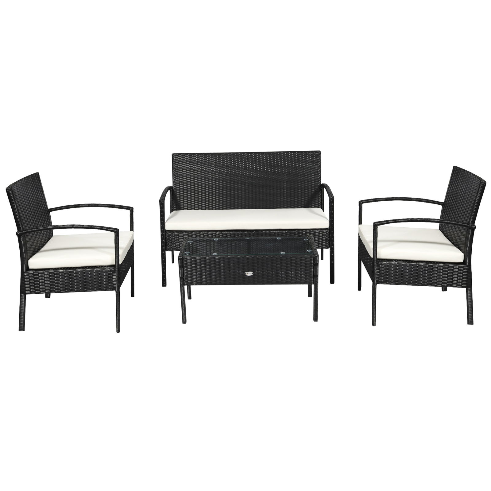 Outsunny Set Mobilier Gradina din Ratan 4 Piese cu Masa de cafea, 2 Fotolii terasa si Canapea pentru Extern cu Perne, 108x60x77cm Coloarea Negru