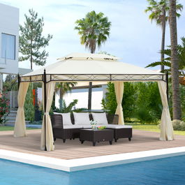 Outsunny Foisor cu Dublu Acoperis si 4 Prelate Laterale, Crem, 3x4m