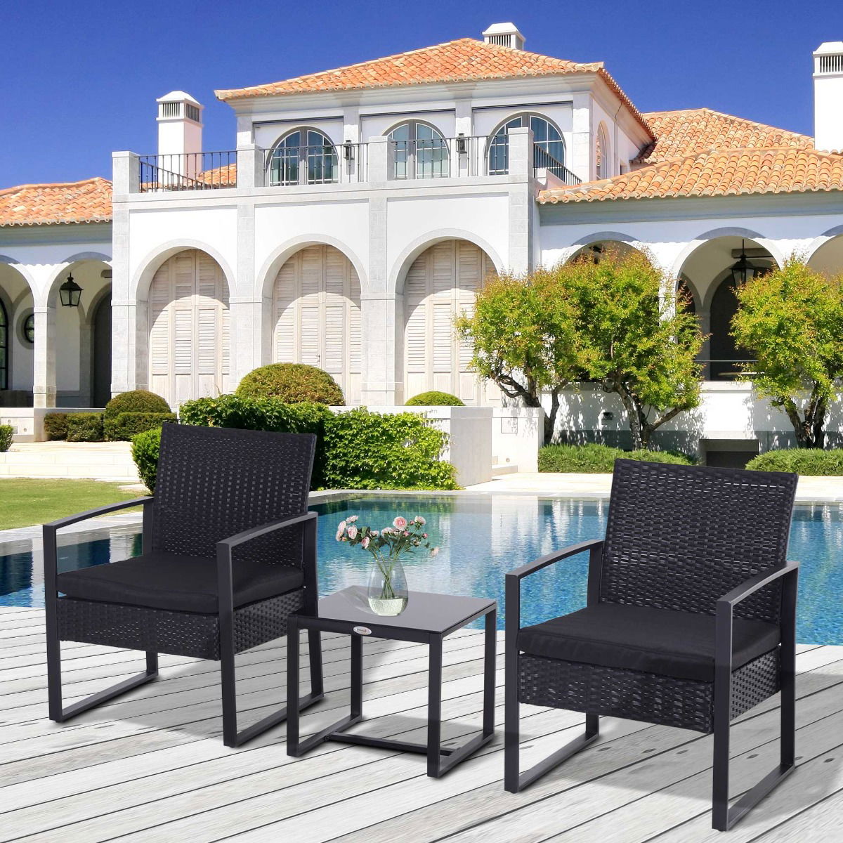 Outsunny Set Mobilier in Rattan de Extern Masa cu 2 Scaune si Perne , Negru | Aosom Ro